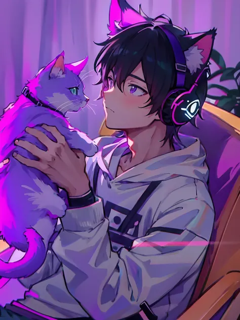 anime guy with headphones holding a cat in his arms, anime cat, nightcore, boy with cat ears and tail, anime style 4 k, lofi artstyle, anime artstyle, anime style. 8k, in anime style, lofi portrait, digital anime illustration, anime moe artstyle, anime vib...