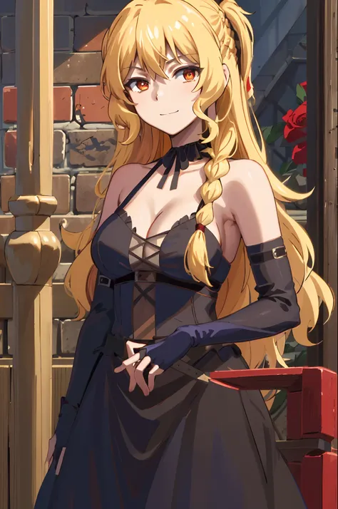 best quality, (masterpiece:1.2), detailed, medieval,
Celica Arfonia,
1girl, solo, closed mouth, smile,
long hair, blonde hair, red eyes, braid, red rose,
black dress, choker, black ribbon, cleavage, detached sleeves, medium breasts, 
standing, looking at t...