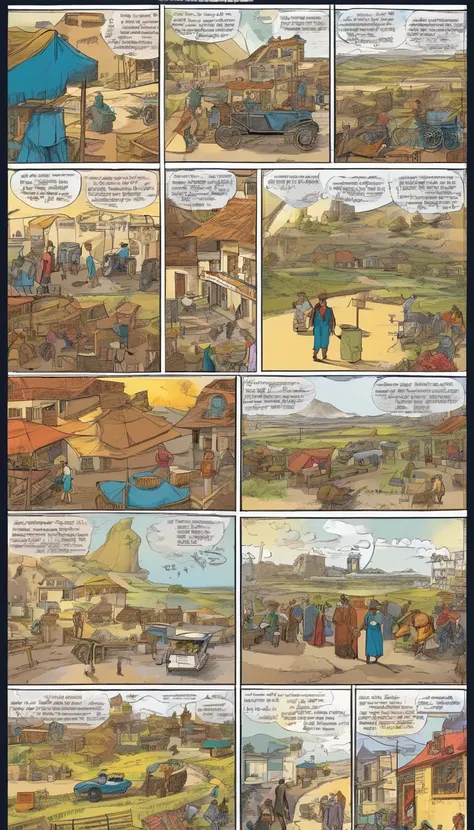 American comics, The comic story is presented in multiple irregular colored panels.((Comic storyboard:1.8)), Describe village life, A day in the life of an ordinary person