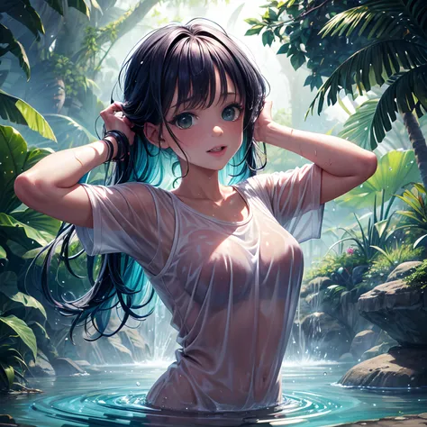 masterpiece, best quality, casual outfit, colorful hair, outdoor,upper body, colorful summer clothes, ((fully clothed)), warm clothes, wet clothes, soaked, drenched, excited, wet hair, wet and slimy, water up to her chest, submerged, translucent, fantasy e...