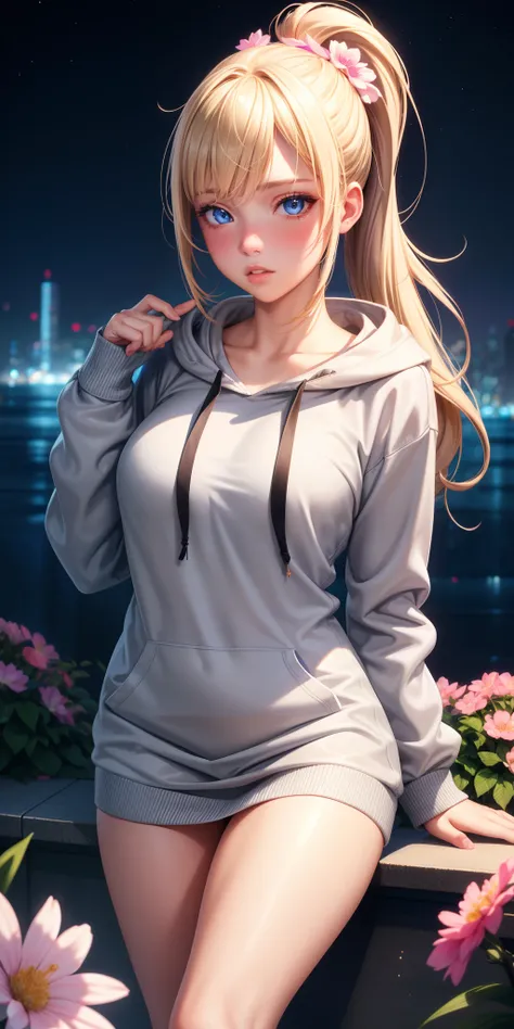 realistic, 1girl, sexually suggestive pose, blonde hair, high ponytail, blue eyes, glowing eyes, casual clothing, grey hoodie, parted lips, blush, night, flowers,