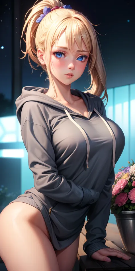 realistic, 1girl, sexually suggestive pose, blonde hair, high ponytail, blue eyes, glowing eyes, casual clothing, grey hoodie, parted lips, blush, night, flowers,