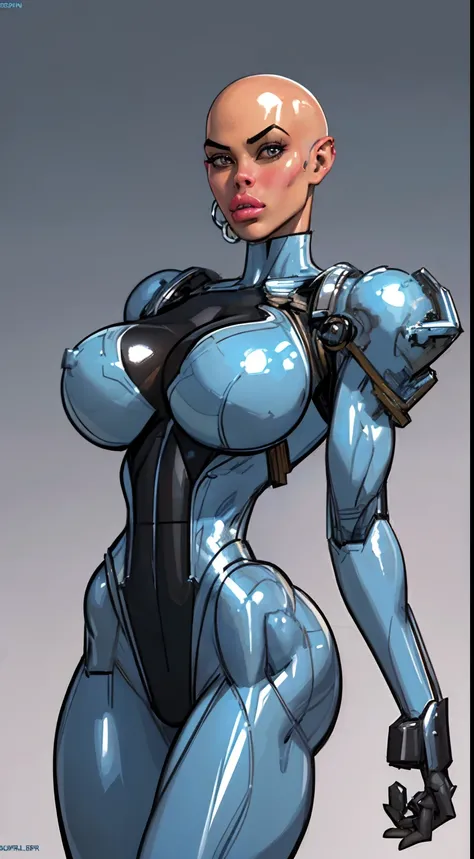 8k ((full body view))((view from below:1.5)),(large eyes:1.3), defined cheekbones, looking back, ((the pit style:1.4))((sleek chrome bodysuit:1.6)) ((intricate metal details:1.4))detailed face:1.5), lightblue skin,(puffy lips:1.5) (lightblue skin:1.6), (ba...