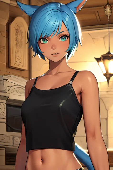 (masutepiece:1.2, Best Quality, Photo Real Stick), 1girl, radhy_shamar (ffxiv), (Cool Beauty), pixie cut, Blue hair, cat ears, cat tail:1.2, ((no-human ears:1.2, no-pinted ears:1.2)), light-cyan eyes, middlebreasts, ((black camisole:1.4, green leather-jake...