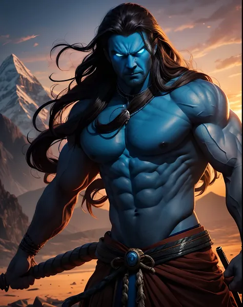 Make a digital art of angry man, having long hair, make it scary,having a muscular body, hyper realistic, blue body, mountain in background, white eye, snake around the neck, trishul weapon in hand, color grade in sunset tone, third opening eye in forehead