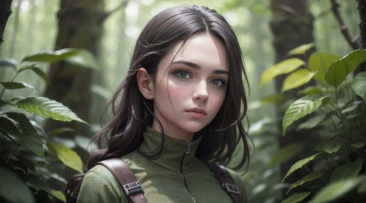 a 8k high resolution image of a young  beautiful woman in her mid-20s, stands alone on the edge of the Whispering Woods. She possesses an air of quiet determination, a stark contrast to the looming darkness of the forest that surrounds her. she has a lithe...