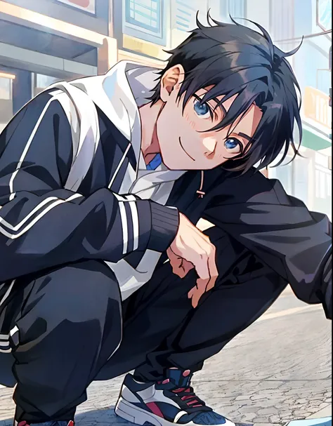 anime boy crouching down on a skateboard in a city, handsome anime pose, male anime style, anime boy, young anime man, tall anime guy with blue eyes, anime handsome man, male anime character, high quality anime artstyle, anime moe artstyle, in anime style,...