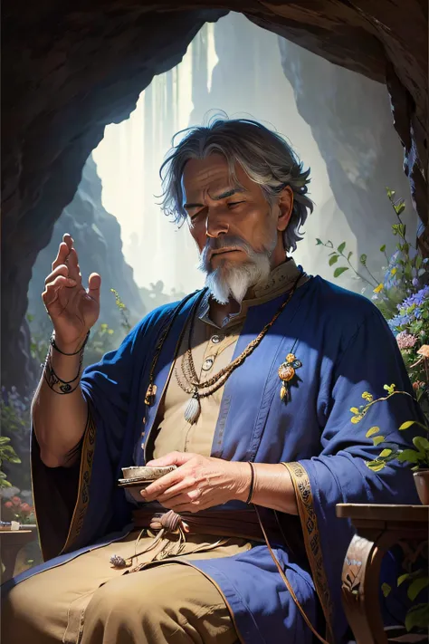 Wise old man meditating in a cave, la plus oeuvre du monde, Very realistic painting, 8K, fleurs, brume bleue,Very realistic photo style, high-definition, style alma tadema