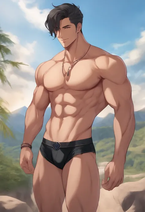 Hot anime dad, muscular, skinny waist, abs, big pecs. He has short black hair, strong jawline, handsome face. He is wearing underwear, and is on his knees. Smiling