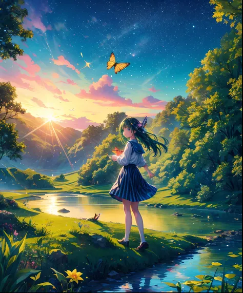 Cute girl characters、Green grass々Drawing a butterfly flying over the water, Looking up at the starry sky. Surround her with colorful nebulae and colorful forests.