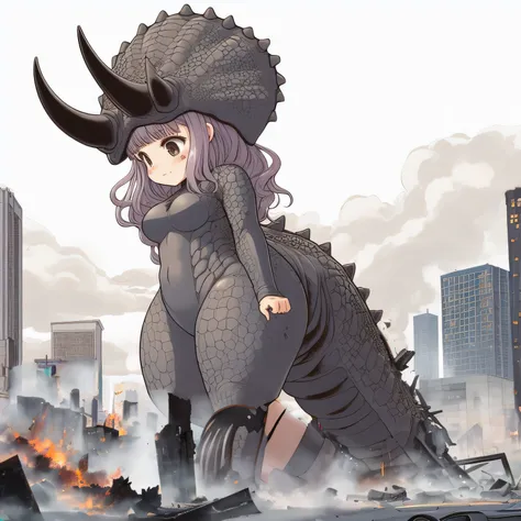 Trampling the city、I also trampled the car、The city is destroyed、Fire and smoke、Detailed depiction of the rubble、thick legs、thick tail、