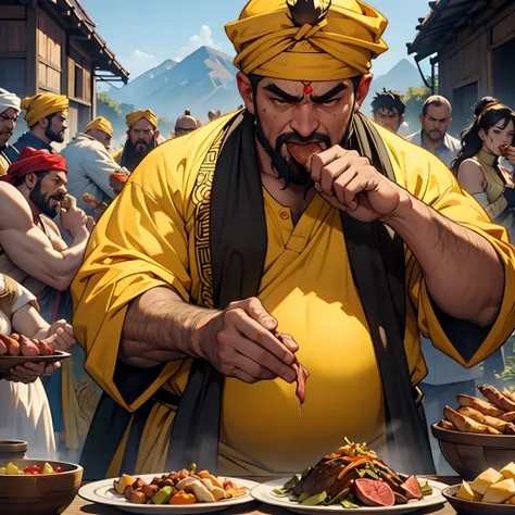 Ugly greedy king with yellow turban eating a big piece of meat with beautiful women around him king greedy very fat man ugly mean and fat and greedy hyper realistic super detailed Dynamic shot scene masterpiece scene cinematic scenes movie Epic Legendary