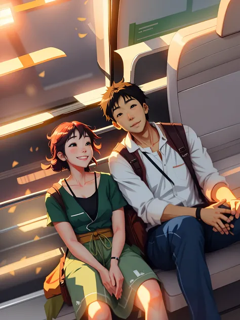 Anime couple sitting on a bus looking at each other, sorrindo, felizes, hand in, Art not Guweiz style, belo estilo de arte de anime, belo estilo anime, belo anime, bela cena de anime, Sakimichan e Makoto Shinkai, imagem de anime, Guweiz, 8k)), Guweiz e Mak...