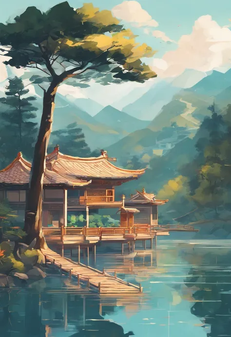 Trees reflected in the lake，The background is the house, author：Xia Yong, author：Cheng Jiasui, author：Yu Zheding, author：Wang Duo, Amazing composition, author：Shang Xi, author：Dai Xi, author：Shi Rui, Perfect composition Artem Demura, amazing simple composi...