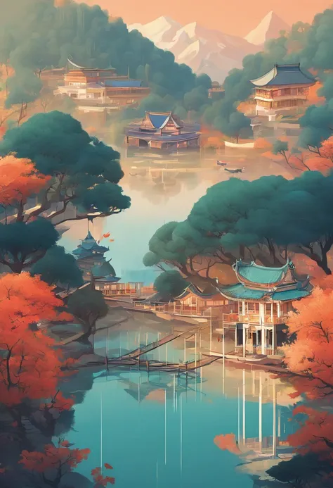 Trees reflected in the lake，The background is the house, author：Xia Yong, author：Cheng Jiasui, author：Yu Zheding, author：Wang Duo, Amazing composition, author：Shang Xi, author：Dai Xi, author：Shi Rui, Perfect composition Artem Demura, amazing simple composi...