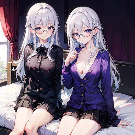 18-year-old silver-haired girl, Yellow eyes, long-haired,Braid left and right, Wear glasses, Wear a white long-sleeved shirt.........button up.  Black miniskirt, sitting on the bed,....With a slightly smiling face........