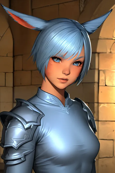 (masutepiece:1.2, Best Quality, Photo Real Stick), 1girl, radhy_shamar (ffxiv), (Cool Beauty), pixie cut, Blue hair, cat ears, cat tail:1.2, ((no-human ears:1.2, no-pinted ears:1.2)), light-cyan eyes, middlebreasts, ((clothed armor:1.2, ffxiv knight armor:...