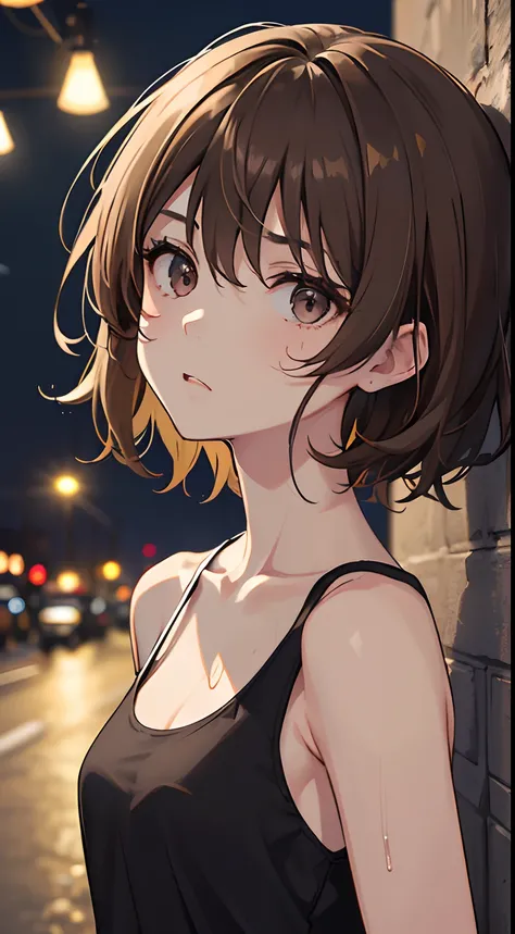 1girll，pale brown hair，short detailed hair，hair messy，Hair is wet，with brown eye，Medium-sized chest，black tanktop，darkly，There are no lights，deep in the night，the city street，closeup of face，Best quality at best，tmasterpiece，serious-expression，（Sateen）