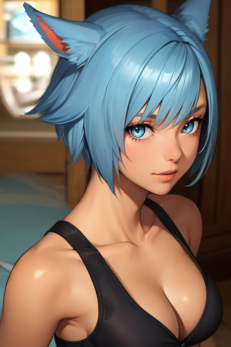 (masutepiece:1.2, Best Quality, Photo Real Stick), 1girl, radhy_shamar (ffxiv), (Cool Beauty), pixie cut, Blue hair, cat ears, cat tail:1.2, ((no-human ears:1.2, no-pinted ears:1.2)), light-cyan eyes, middlebreasts, ((armor)), ((Face Close-up:1.2, Face Foc...