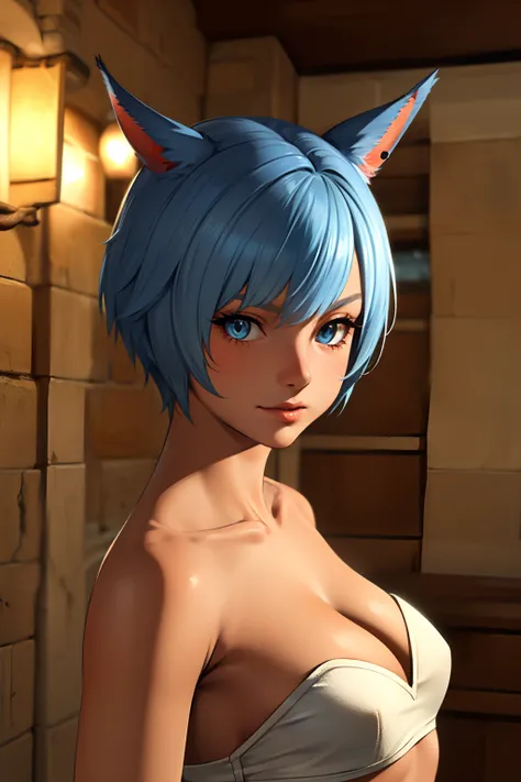 (masutepiece:1.2, Best Quality, Photo Real Stick), 1girl, radhy_shamar (ffxiv), (Cool Beauty), pixie cut, Blue hair, cat ears, cat tail:1.2, ((no-human ears:1.2, no-pinted ears:1.2)), light-cyan eyes, middlebreasts, ((armor)), ((Face Close-up:1.2, Face Foc...