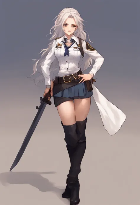 there is a woman in a police uniform holding a knife, braid white long hair , female ranger, depth of field, masterpiece, best quality, 1girl, white hair, brown eyes, long hair, , solo, looking at viewer dappled sunlight,outfit: cop, police officer, full b...