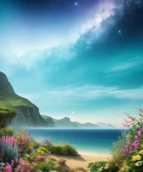 paysage mer, very realistic, hyper detailed, Extremely sharp, le plus beau paysage du monde, comme le paradis, beaucoup de fleurs exotiques, in the background, sky with lots of stars,