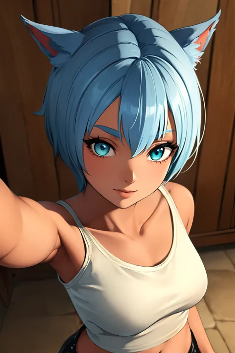 (masutepiece:1.2, Best Quality, Photo Real Stick), 1girl, radhy_shamar, (Cool Beauty), pixie cut, Blue hair that turns green at the ends, light-cyan eyes, middlebreasts, ((white collared Inner-shirt, leather armor:1.4, arm leather gauntlet)), Black mini-sk...