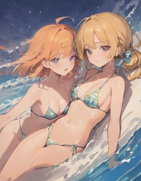 2girls，in a bikini，Complex design，Lots of details，k hd，Cuddle together，Lie down in bed，is shy