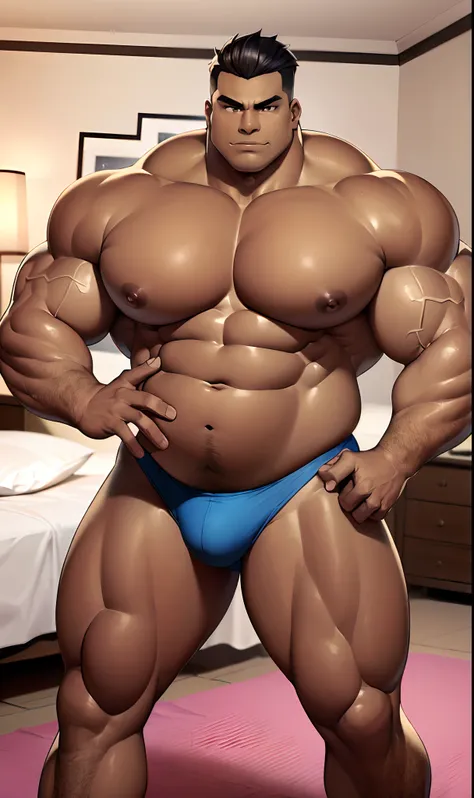 solo,Big muscles,(hyper pecs:2.0),big nipples,Chubby,Belly,(((plump))),bodybuilder,thick arms,large arms,thick tight,                  very thick body,(oiled skin,dark skin,dark-skinned male:1.2), obi akitaru, muscle posing,in the bedroom,masterpiece,best ...