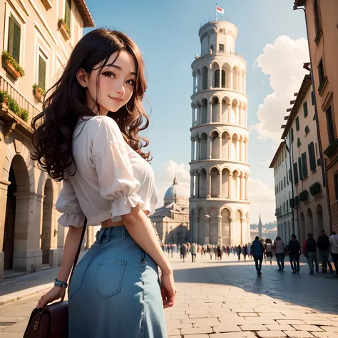 Italian Chinese girl with brown curly hair smiling confidently in front of the Leaning Tower of Pisa