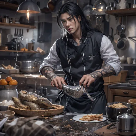 Full body male chef 32K（tmasterpiece，k hd，hyper HD，32K）Long flowing black hair，Camping area，zydink， a color， patriot （canyons）， （Linen batik scarf）， Angry fighting stance， looking at the ground， Linen bandana， Chinese python pattern long-sleeved garment， （...