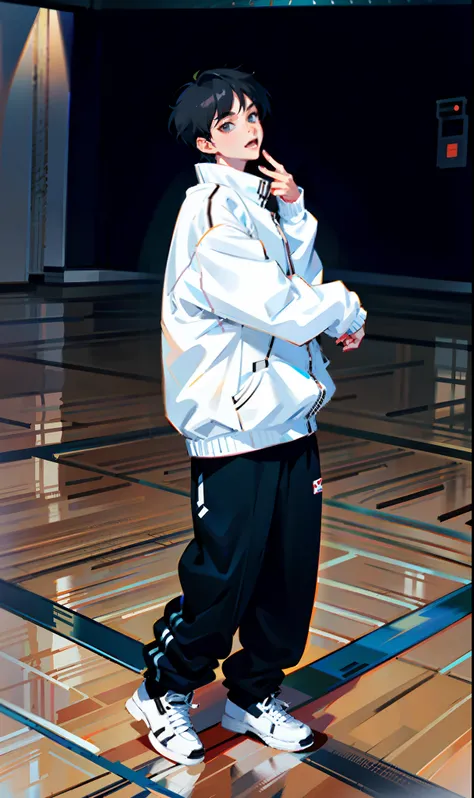 anime boy in white jacket and black pants standing on a basketball court, !!full body portrait!!, digital anime illustration, made with anime painter studio, [ digital art ]!!, kim doyoung, wearing a tracksuit, smooth anime cg art, jungkook, anime artstyle...