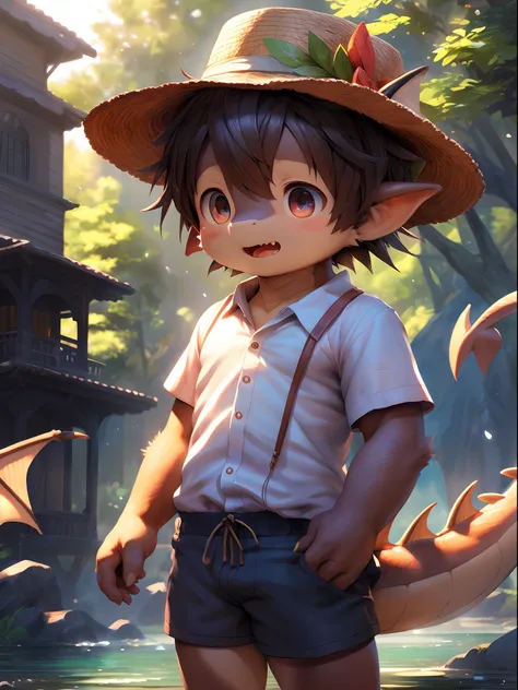 Solo,(komono:0.8),(Shota,child,cub,Young,tchibi,bishounen,Petite,short stack,Adorable:1.1),(Anime face,Kawaii expression,cute fang),(Handsome:1).
break
Brunette male pupils, A ((((Dragons)))) Has ((Dragon horn)), Short-sleeved shorts, wearing long cloaks, ...