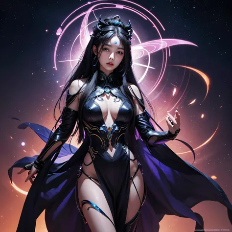 asian woman as a cosmic goddess, halo, glowing sclera, hypnotic eyes, symbiote, ultra detailed, waist to top.