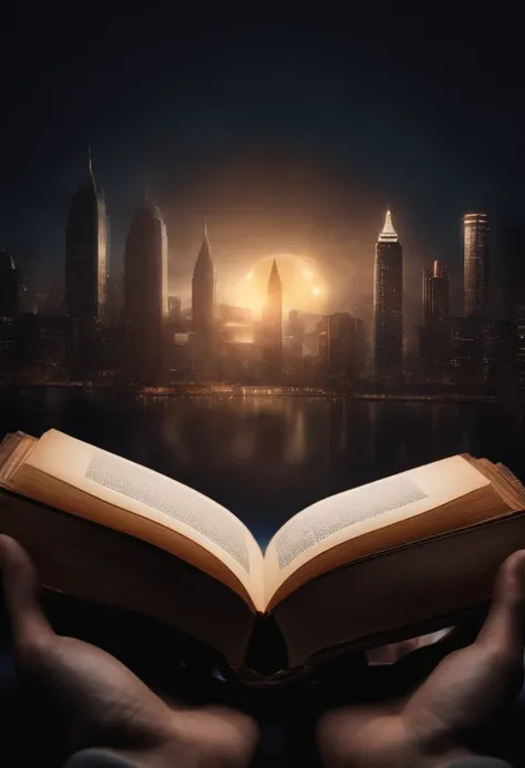 Two hands holding an open book, out of the book came out a planet shaped like a lamp, city background with people, blurred background, realistic image.