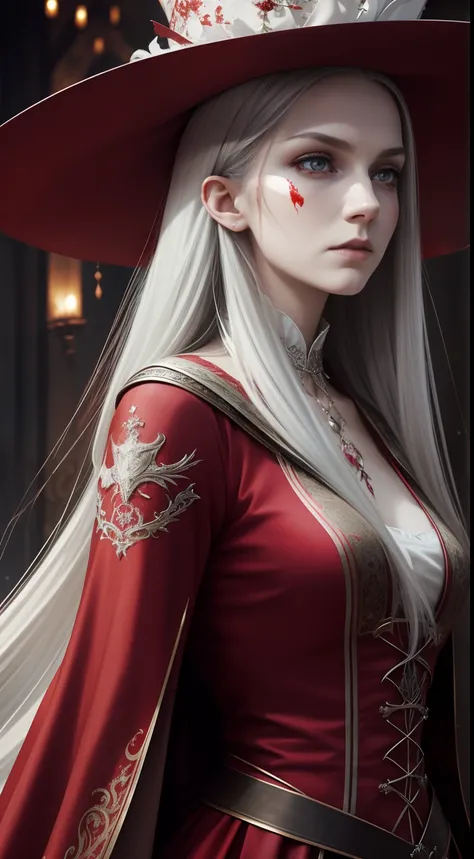 Photorealistic Production, One Person, Realistic Image of a 25 Years Old British Female Blood Witch, Long Straight Silver Hair, Pale Skin, Splatter of Blood on her Face, Wearing a Red and White Ornated Witch Dress with Silk Cloth and Hats, Serious Looking,...