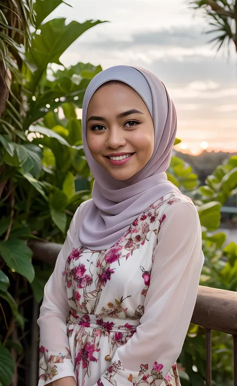 Masterpiece:1.2, high quality, best quality, high resolution, detailed, hyper realistic, 1 malay girl, wear baju kurung, bright short white hair, Shaggy Bob Haircut with Bangs, brown eyes, head tilt, sunset, birds flying, strawberry plant, Portrait, smile,...