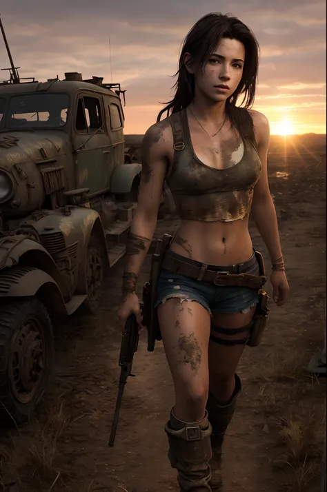 ​masterpiece, ultra detailed, 8K, Raw photo, Realistic light, Cinematic composition, Realistic face with scratches, Realistic skin, full body shot, 18 years old Tifa Lockhart, on the exploited and rusty war machine, tattered and dirty clothing, postapocaly...