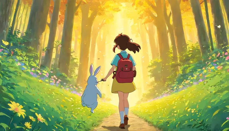 (((by Ghibli Studio))) A lush, The colorful forest is bathed in the golden glow of the setting sun. The birds are singing, Fireflies dancing in the air. The camera pans down to reveal a small one, The curious childs name is Lily, Carrying a rucksack，The ex...