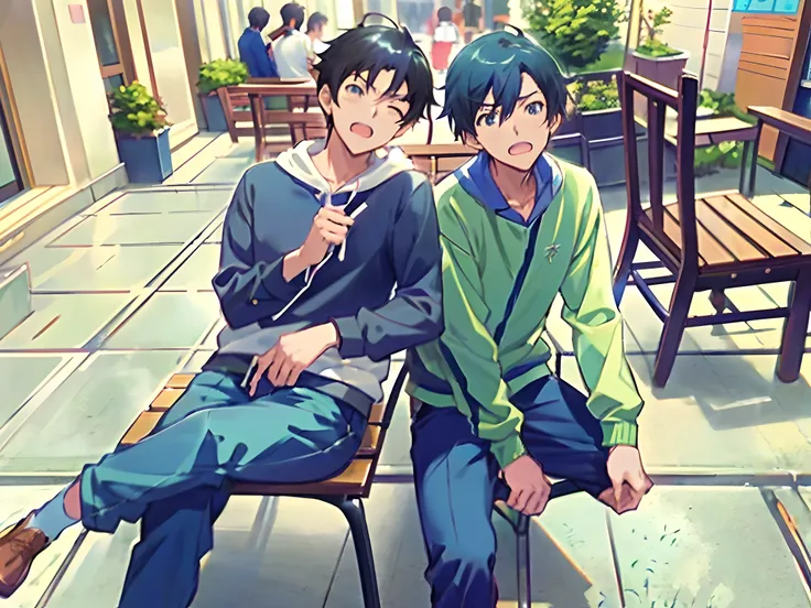 anime characters sitting on a bench in a city, cute boys, two anime handsome men, guweiz and makoto shinkai, akehiko inoue and ross tran, yusuke murata and makoto shinkai, bishounen, from yowamushi pedal, by Rei Kamoi, yaoi, ( ( ( yoshinari yoh ) ) )