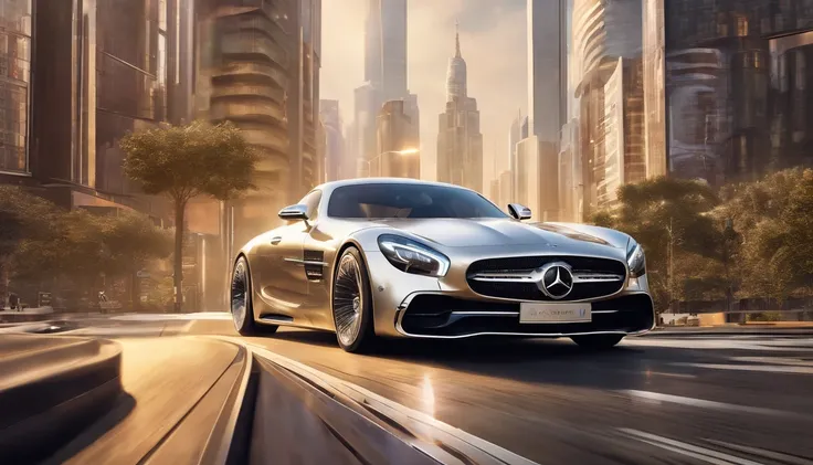 Futuristic Mercedes Car driving through a futuristic metropolis filled 3D digital billboards and skyscrapers, golden hour, award winning photography, ultra realistic, highly detailed