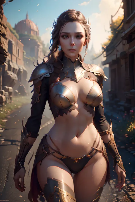 Beautiful Alluring fantasy warrior Elizabeth Olsen, Athletic Well Toned Body, slender hot body, Elegant Form, Bare Skin, crossing a road at a medieval countryside, Barely Clothed, metal bikini armor, Beautiful Face, Octane Render, Digital Art, Extreme Deta...