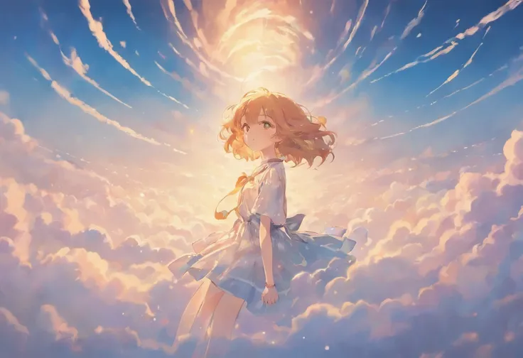 masterpiece, best quality, movie still, 1girl, floating in the sky, cloud girl, cloud, (close-up:1.1), bright, happy, fun, soft lighting, (Bauhaus, shapes, lines, abstract:1.1)