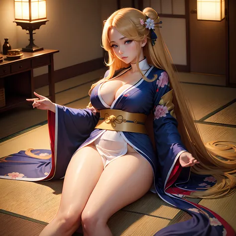 Long golden hair, big breasts, blue eyes, Japanese-style room, slightly revealing kimono