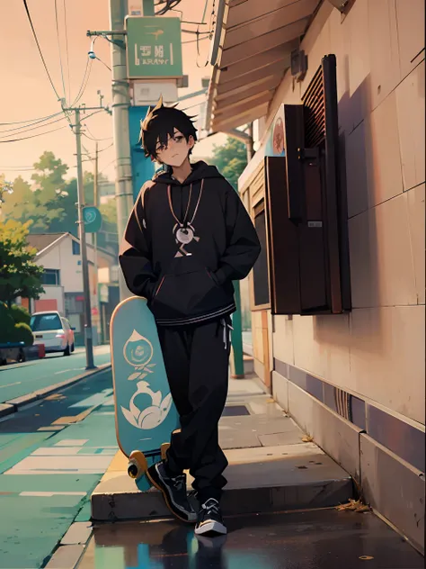 boy in black hoodie holding a skateboard on sidewalk next to building, anime style mixed with fujifilm, style anime, anime boy, anime style, japanese streetwear, male anime style, inspired by Yamagata Hiro, anime style”, anime peripheral, anime set style, ...