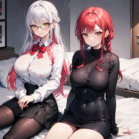 18-year-old girl with silver and red hair., yellow eyes, Big breasts. Long hair,Braid left and right, Wear glasses, Wear a white long-sleeved shirt..........button up.  Black miniskirt, sitting on the bed,....With a slightly smiling face.........