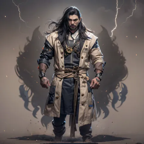 Full body male chef 32K（tmasterpiece，k hd，hyper HD，32K）Long flowing black hair，Camping area，zydink， a color， patriot （canyons）， （Linen batik scarf）， Angry fighting stance， looking at the ground， Linen bandana， Chinese python pattern long-sleeved garment， （...