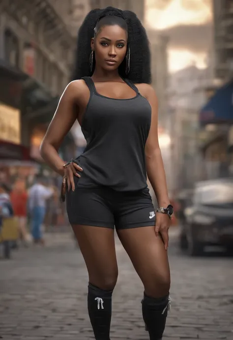 ((Dark African skin, Very deep ebony skin)), ((Its beauty is undeniable)), ((Excited cute face)), ((Hyper-detailed perfect eyes,)), ((Linda pose)), ((Langue de sortie)), ((seducer )), sexy, (( Nike hoodie, Shorts Sexy Courts)), ((Afro ponytail with long cu...