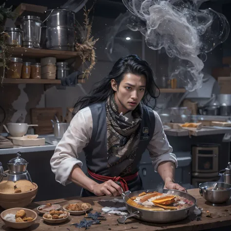 Full body male chef 32K（tmasterpiece，k hd，hyper HD，32K）Long flowing black hair，Camping area，zydink， a color， patriot （canyons）， （Linen batik scarf）， Angry fighting stance， looking at the ground， Linen bandana， Chinese python pattern long-sleeved garment， （...