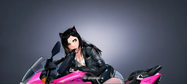 there is a woman sitting on a motorcycle with a pink seat, sitting on cyberpunk motorbike, beautiful young catgirl, sitting on a motorcycle, realism artstyle, attractive cat girl, realistic artstyle, badass pose, catgirl, very beautiful cute catgirl, secon...